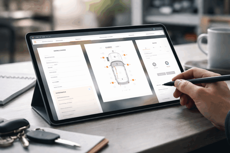 Digitale Dokumentation von Vorschäden an einem Fahrzeug per Tablet durch einen Kfz-Sachverständigen