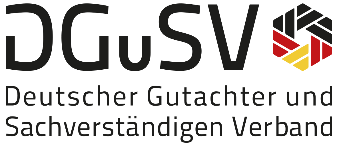 Logo des DGuSV – Deutscher Gutachter und Sachverständigen Verband mit stilisiertem schwarz-rot-goldenem Emblem