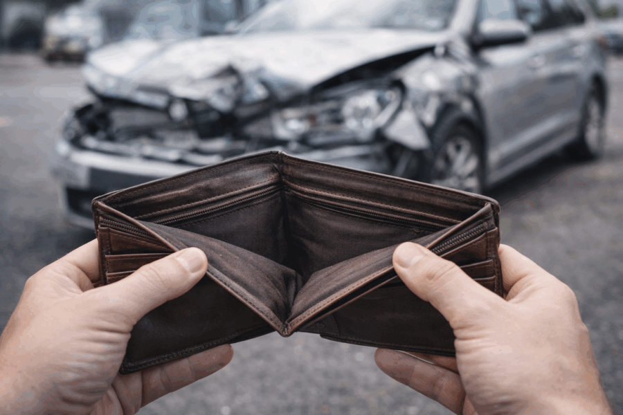 Leere Brieftasche in den Händen eines Geschädigten, im Hintergrund ein beschädigtes Auto nach einem Unfall