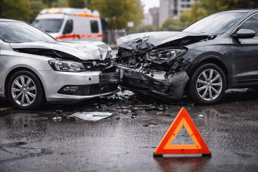 Zwei Fahrzeuge mit Frontschaden nach einem Verkehrsunfall, Warndreieck im Vordergrund