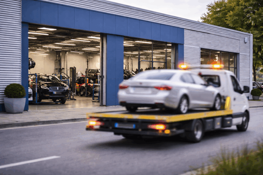 Scharf dargestellte Werkstatt mit geöffneten Toren, im Vordergrund unscharfes Abschleppfahrzeug mit Auto