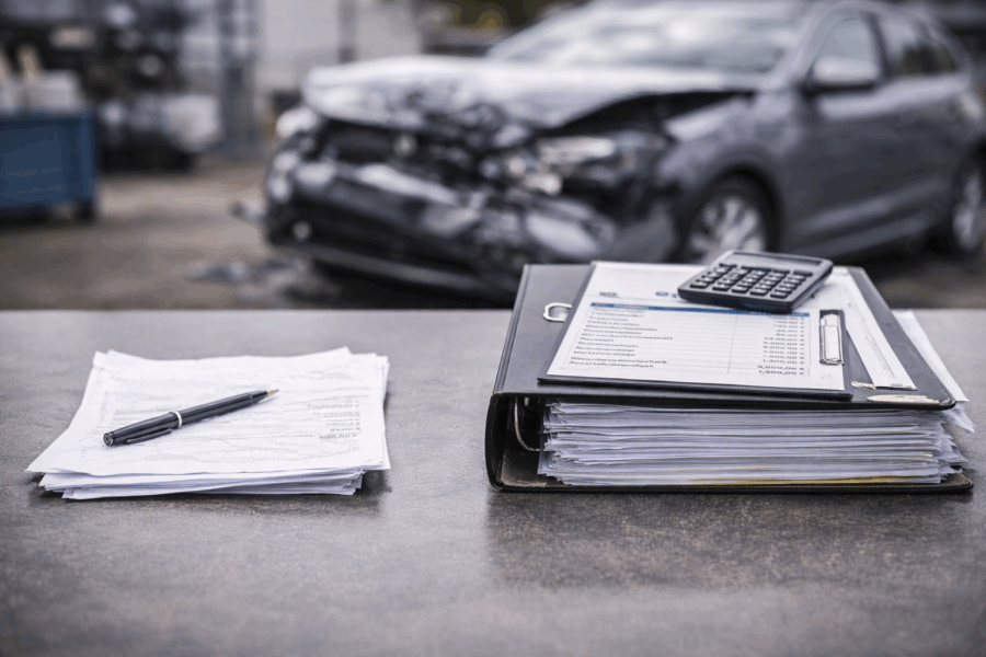 Dünner Papierstapel und umfangreiche Schadenakte auf einem Tisch, im Hintergrund ein beschädigtes Auto