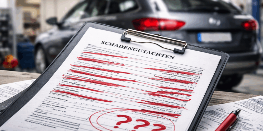 Schadengutachten mit gestrichenen Kosten und Markierungen, im Hintergrund ein Auto in der Werkstatt nach einem Unfall