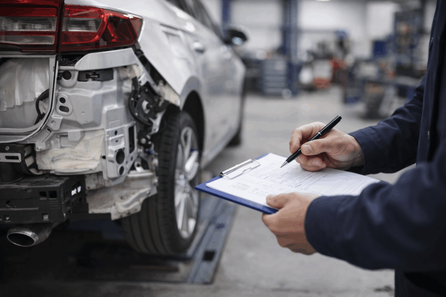Kfz-Sachverständiger dokumentiert Reparaturumfang an einem teilzerlegten Fahrzeug in der Werkstatt und prüft Verbringungskosten sowie UPE-Aufschläge.