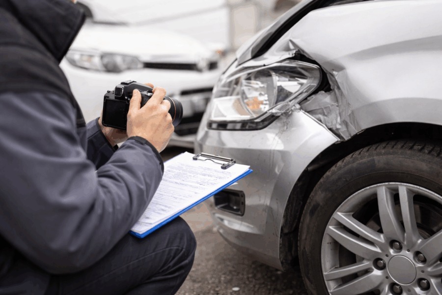 KFZ-Gutachter fotografiert Unfallschaden an einem Auto bei der Begutachtung nach einem Verkehrsunfall