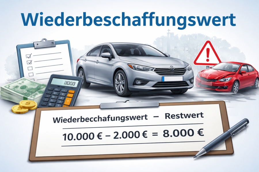 Grafische Darstellung zur Berechnung des Wiederbeschaffungswerts bei einem Fahrzeug mit Beispielrechnung